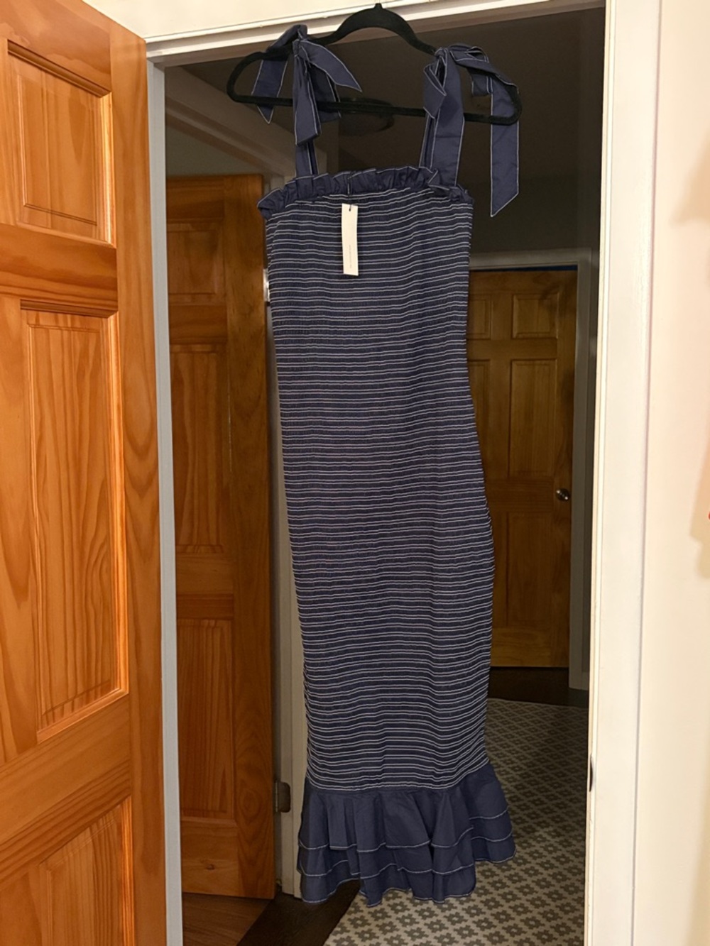 Navy Striped Midi Dress with Ruffle Hem and Tie Straps